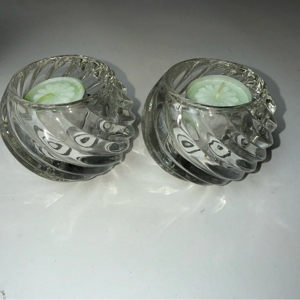 PartyLite Glass 2 Candle Holders Illusion Swirl Votive Tealight Holder Clear USA